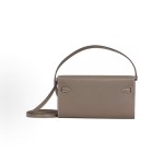 HERMES Kelly To Go gold buckle crossbody wallet for regular women, 18 Etoupe Elephant grey